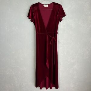 BHLDN Anthropologie size S Thrive midi wrap dress burgundy velvet short sleeve